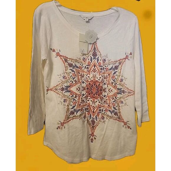 Lucky Brand Lotus Women Tunic Top Tee Small Geometric 3/4 Sleeve Beige Boho A120 - Picture 1 of 6
